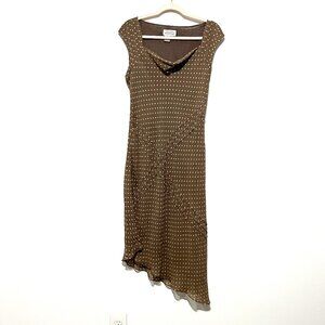 Adrianna Papell Womens Asymmetrical Silk Midi Dress 12 Brown Polka Dot Soft Girl